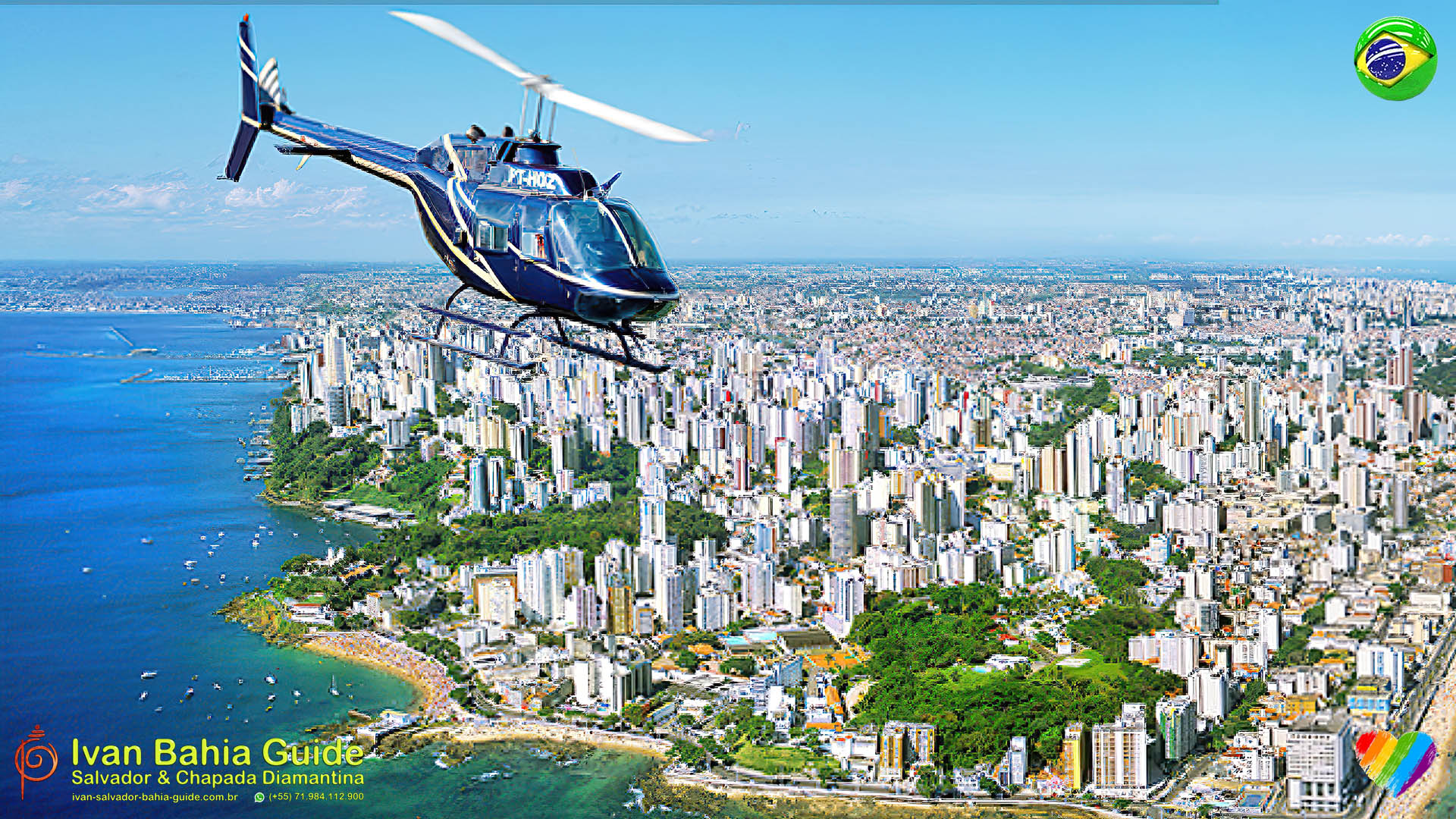Panoramic Helicopter flights above Salvador da Bahia & Helicopter transfers to Morro de São Paulo and Boipeba islands, or Chapada Diamantina National Park, organized Ivan Bahia Guide Chapada Diamantina Brazil