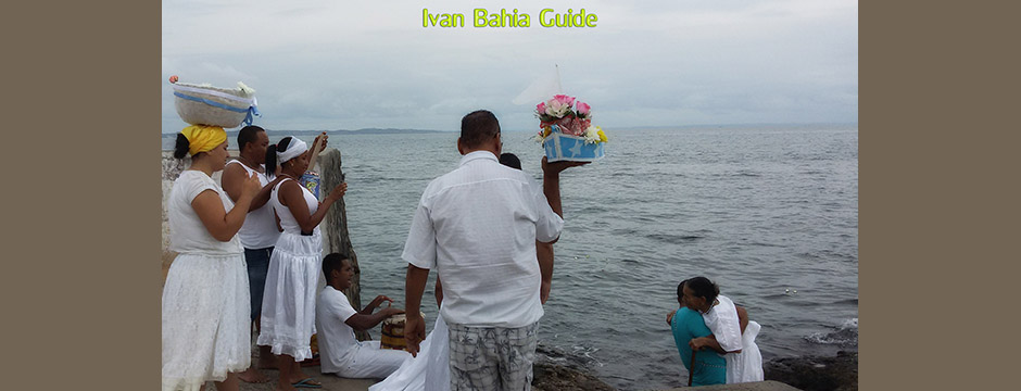 Candomblé religion, offering to the Goddess Yemanja at ponta da Humaita in Ribeira-Salvador - with Ivan's Salvador da Bahia & Chapada Diamantiana national park's official tour guide